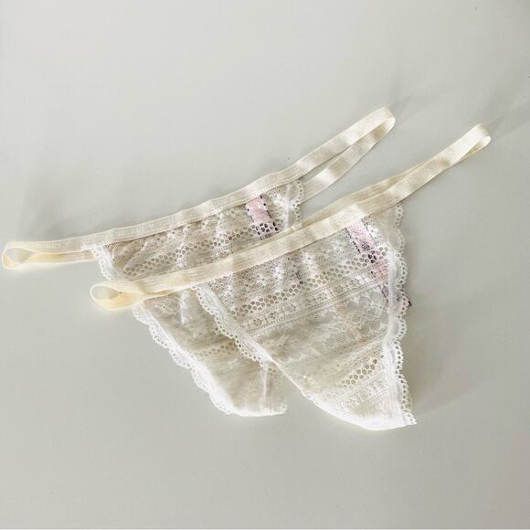 NEW Bundle TWO Lot Set Lace Sheer Cream White Thong Panties Undies Underwear M - Picture 1 of 5